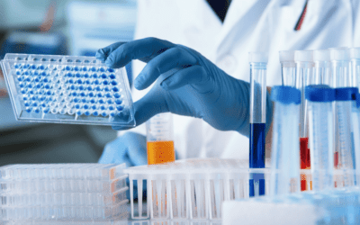 A hand holding a 96-well plate at a lab bench with test tubes on it to represent the antibody isotype assay
