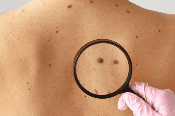 A gloved hand holding a magnifying glass to inspect possible melanoma