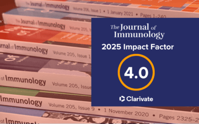 A stack of issues of The Journal of Immunology, with The journal's logo and the text"2025 Impact Factor: 4.0"