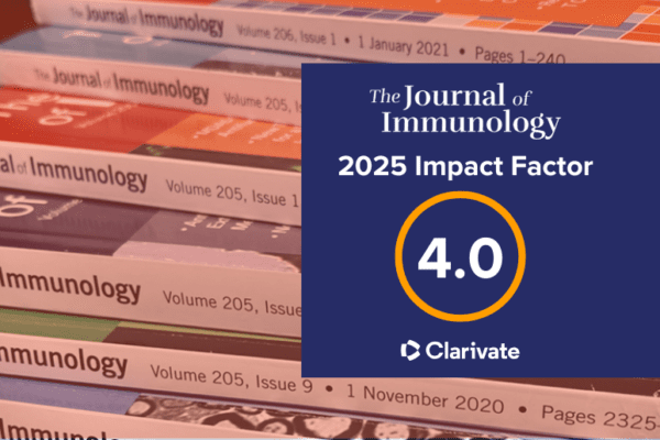 A stack of issues of The Journal of Immunology, with The journal's logo and the text"2025 Impact Factor: 4.0"
