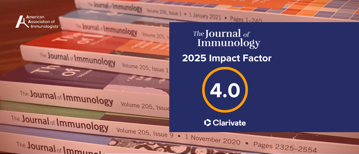 A stack of issues of The Journal of Immunology, with The journal's logo and the text"2025 Impact Factor: 4.0"