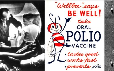 Collage of three historical images: Salk injects a polio vaccine; Sign advertising the Sabin vaccine with Wellbee, a bee catoon character; micrograph of poliovirus.