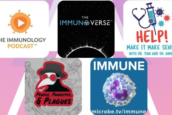 Logos for podcasts: The Immunology Podcast; The Imunoverse; Help! Make it Make Sense!; People, Parasites, and Plagues; and Immune,