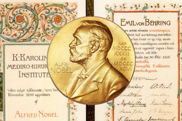 A Nobel gold medal overlaid on a beautifully hand written certificate for Emil von Behring's Nobel Prize