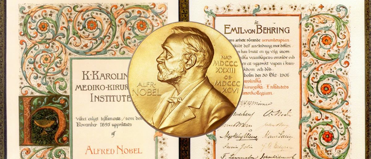 A Nobel gold medal overlaid on a beautifully hand written certificate for Emil von Behring's Nobel Prize